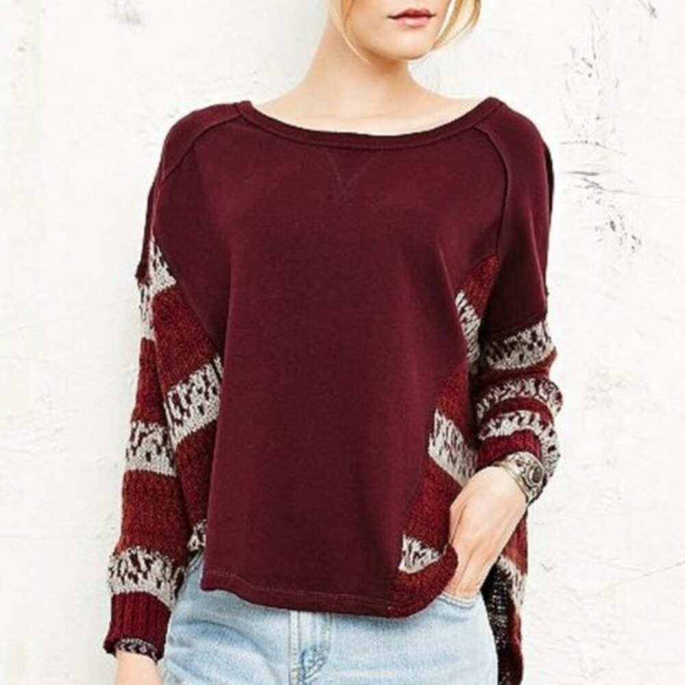 Free People Angel French Terry Panel Maroon Wool Alpaca Sweater Size Small
